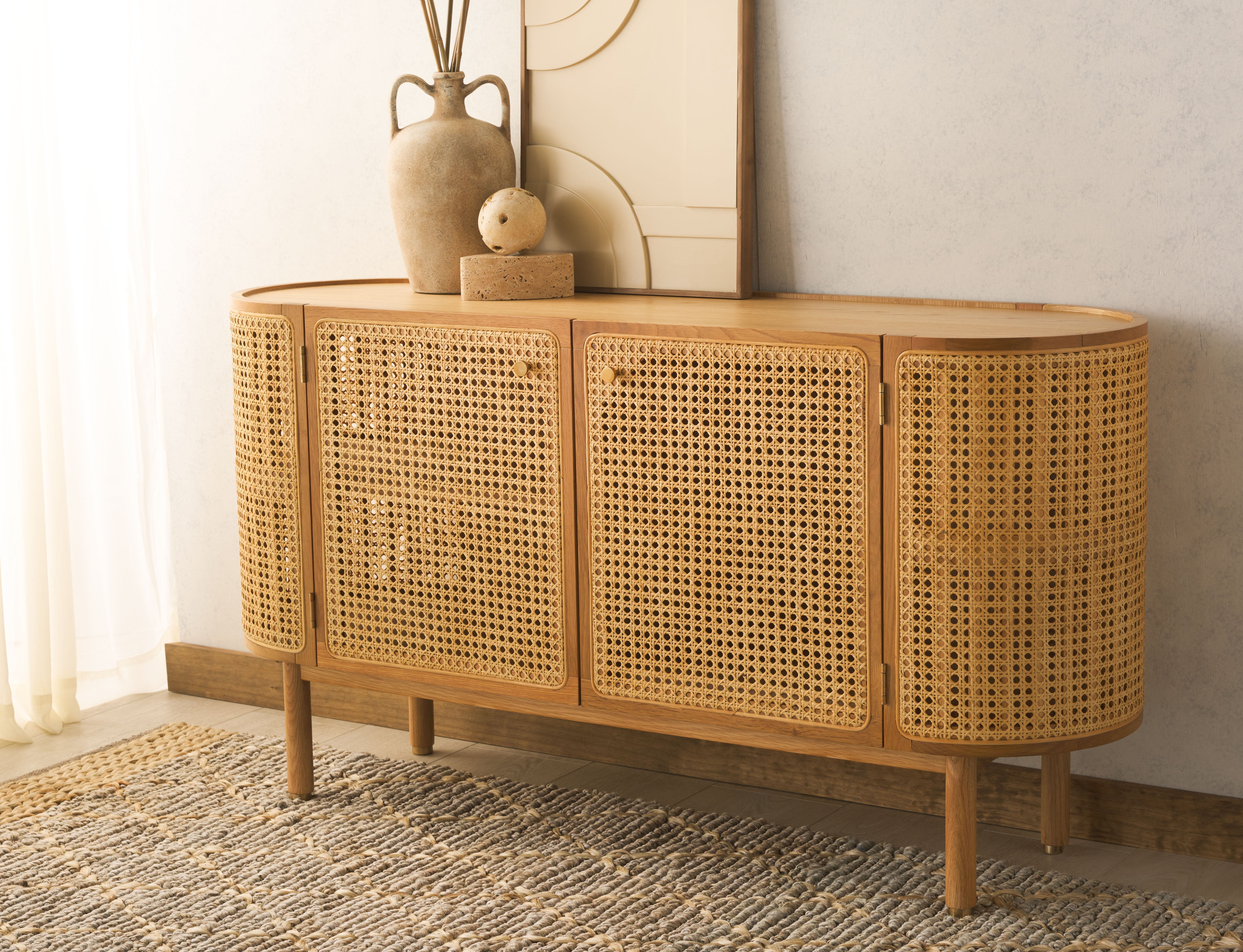 DOLLY CANE AND WOOD SIDEBOARD